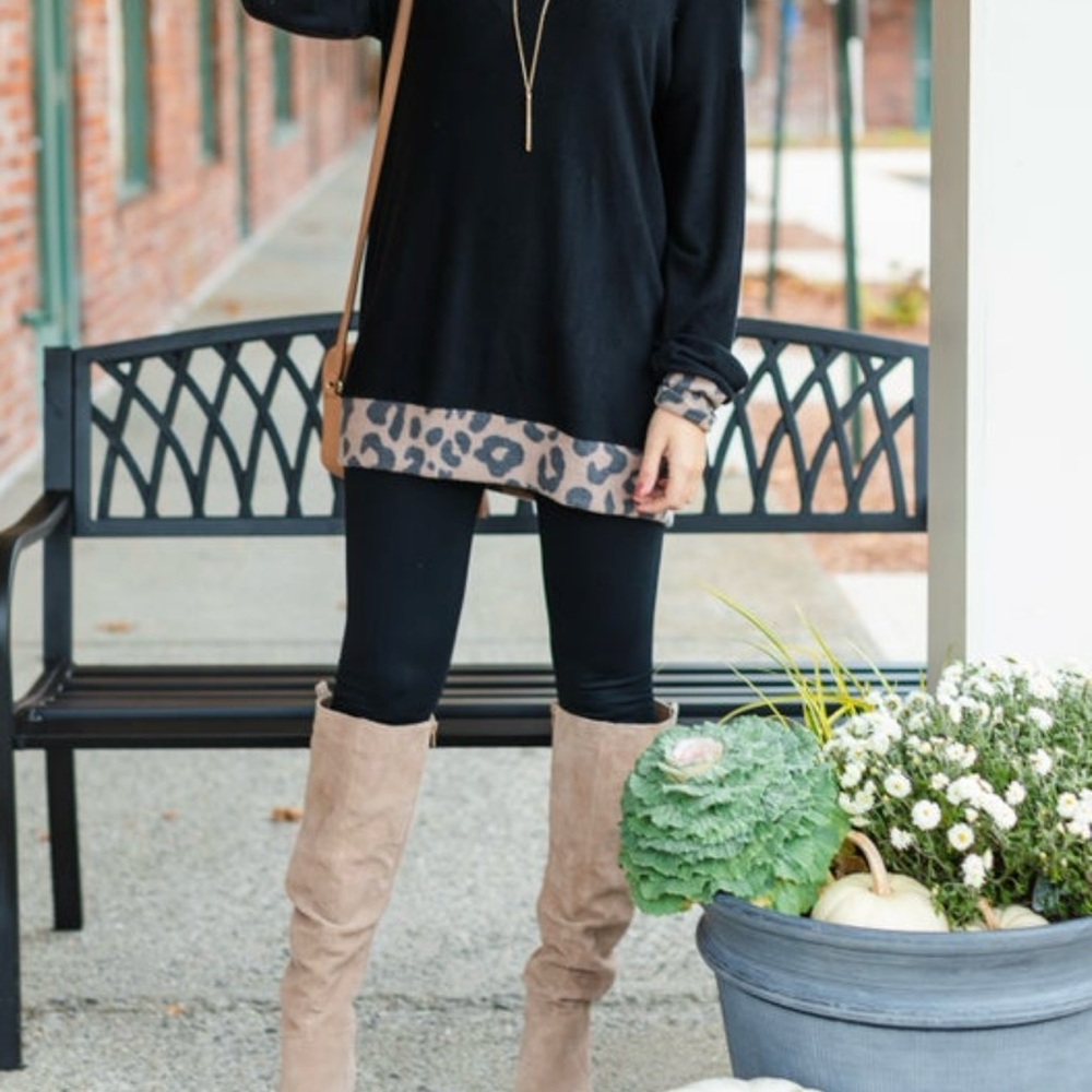 Black Leopard Trim Tunic Top